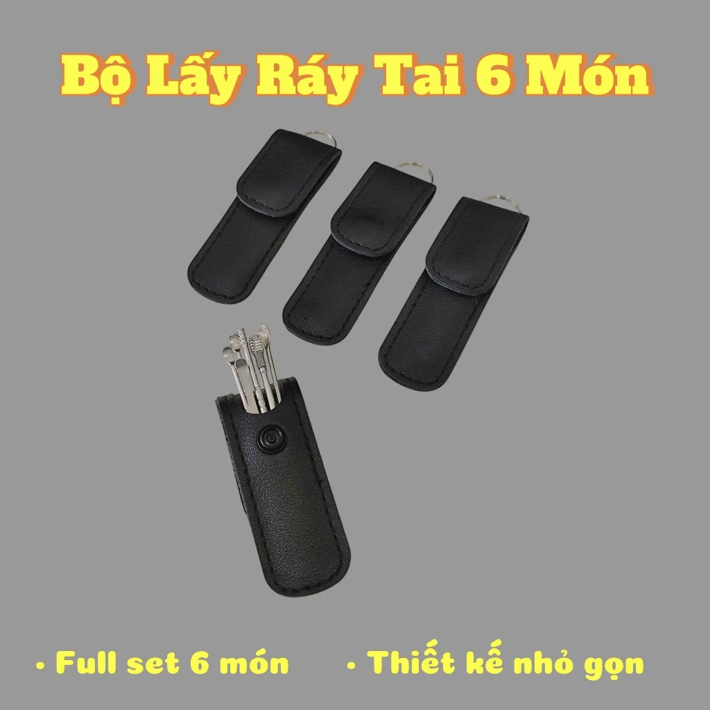 Bộ Dụng Cụ Lấy Ráy Tai 6 Món Inox Cao Cấp Kèm Túi Da Móc Khóa.