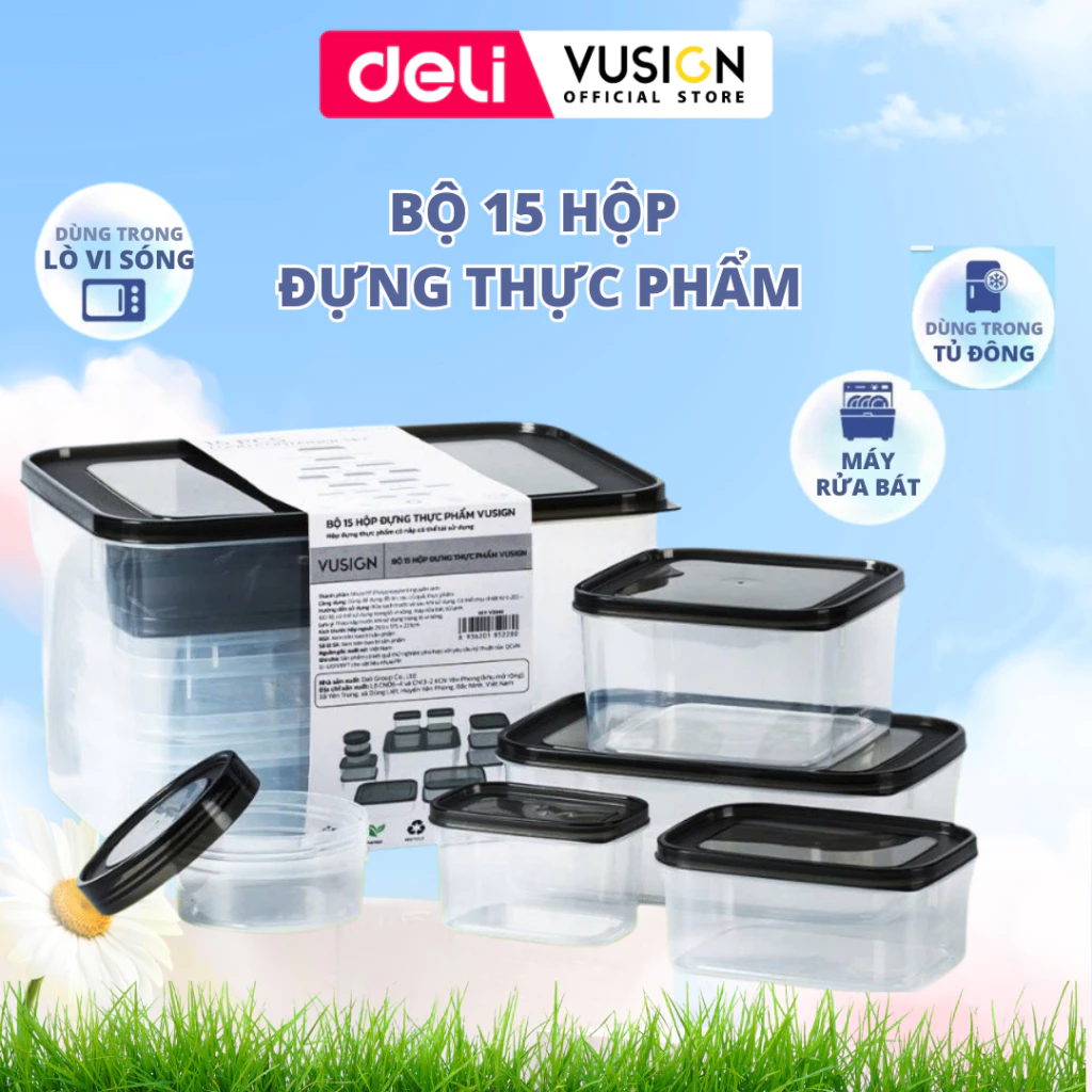 Bộ hộp 15 chi tiết hộp đựng thực phẩm DELIxVUSIGN từ 250 - 8500ml dùng được cho lò vi sóng máy rửa bát