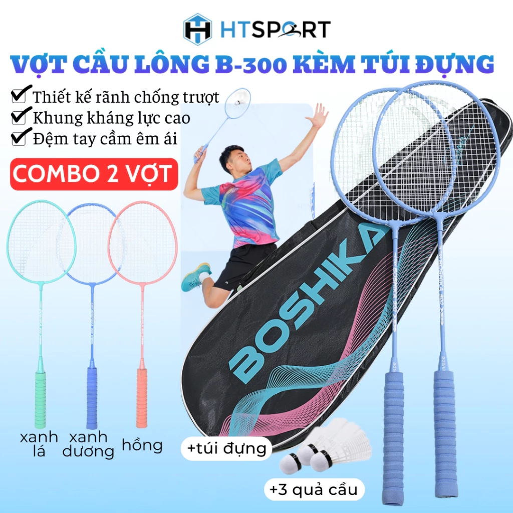 Bộ 2 Vợt Cầu Lông B-300 Kèm Túi Đựng, Cặp Vợt Cho Người Mới Bắt Đầu, Bền Chắc Nhiều Màu Kèm Cầu