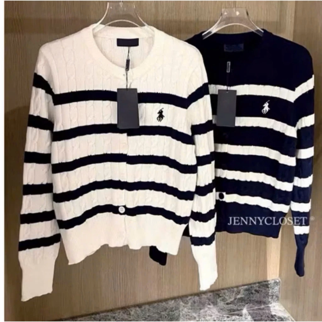 Áo Khoác Len Thêu Ngựa Họa Tiết Kẻ Sọc Ngang Áo Bản QC Loại 1 - Áo Cardigan Len Kẻ Sọc Ngang Áo Logo Thêu Chuẩn From