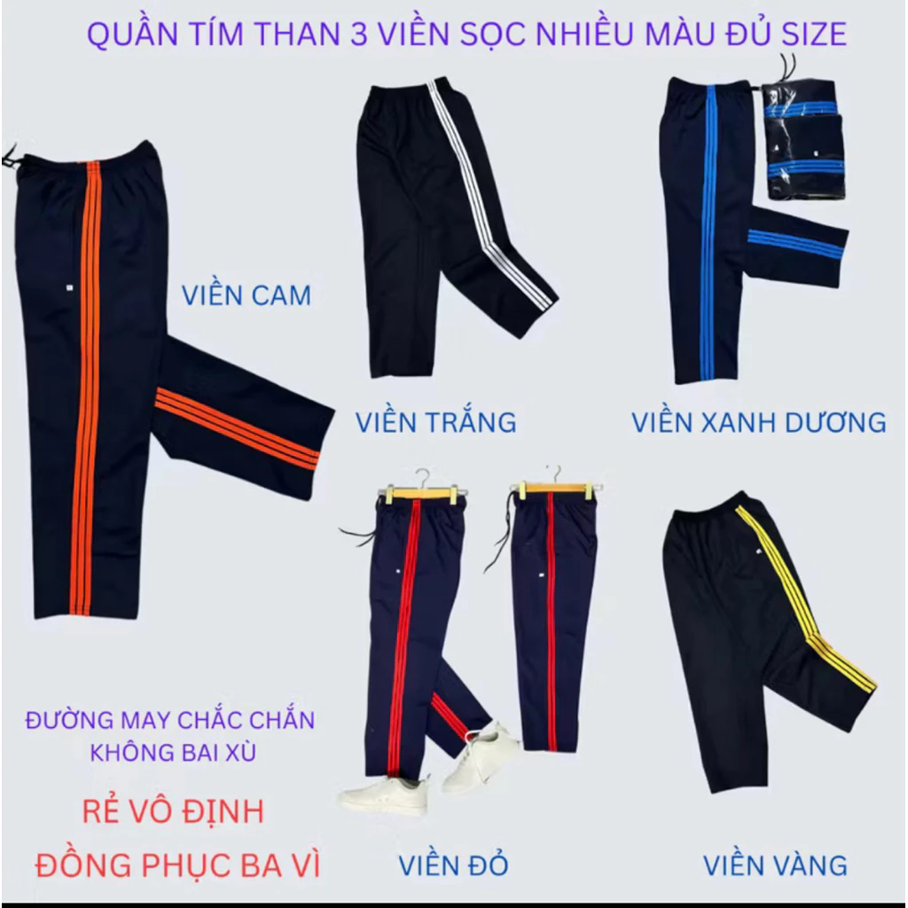 Quần Thể Dục Học Sinh màu Xanh Than, Thể Chất Sinh Viên Nam Nữ 2- 3 Sọc Viền Trắng, Vàng , Xanh Dương, Đỏ, Cam