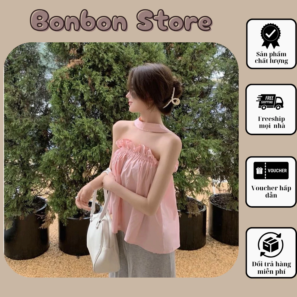 Áo Quây Phối Nhún Quàng Cổ Thiết Kế Đẹp Mắt Áo Ống Cúp Ngực Phong Cách Tiểu Thư Babydoll Hàn Quốc Xinh Sang