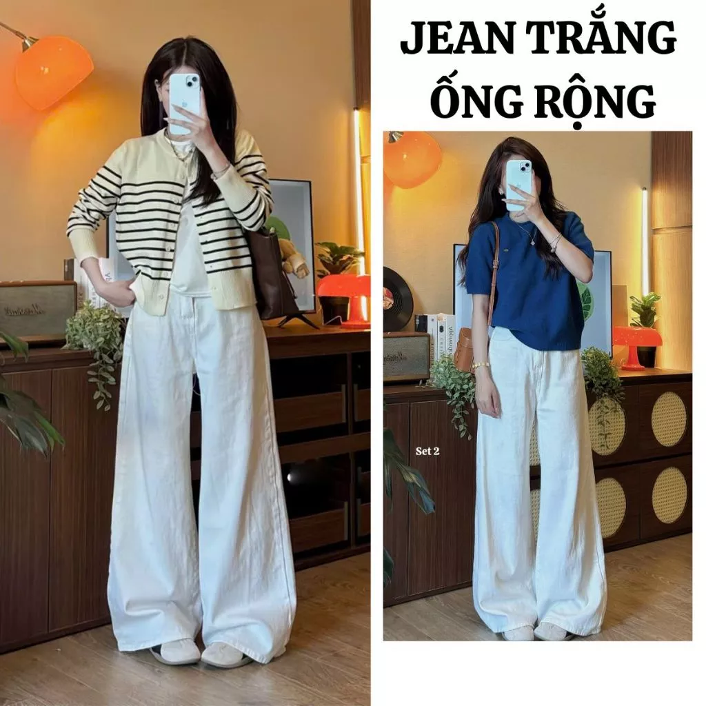Quần Jean Nữ MIAA Màu Trắng Ống Rộng 28-33cm CẠP CAO chất bò Jean dày dặn tôn dáng Basic BIGSIZE