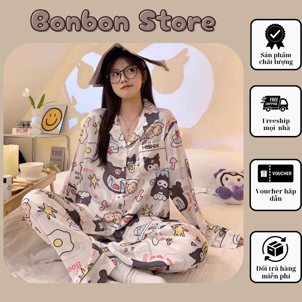 Set Đồ ngủ Nữ Lụa Kate Thái Hoạt Hình Dễ Thương Dài Tay Bonbon Store - Pijama Mặc Nhà Chất Mềm Mịn