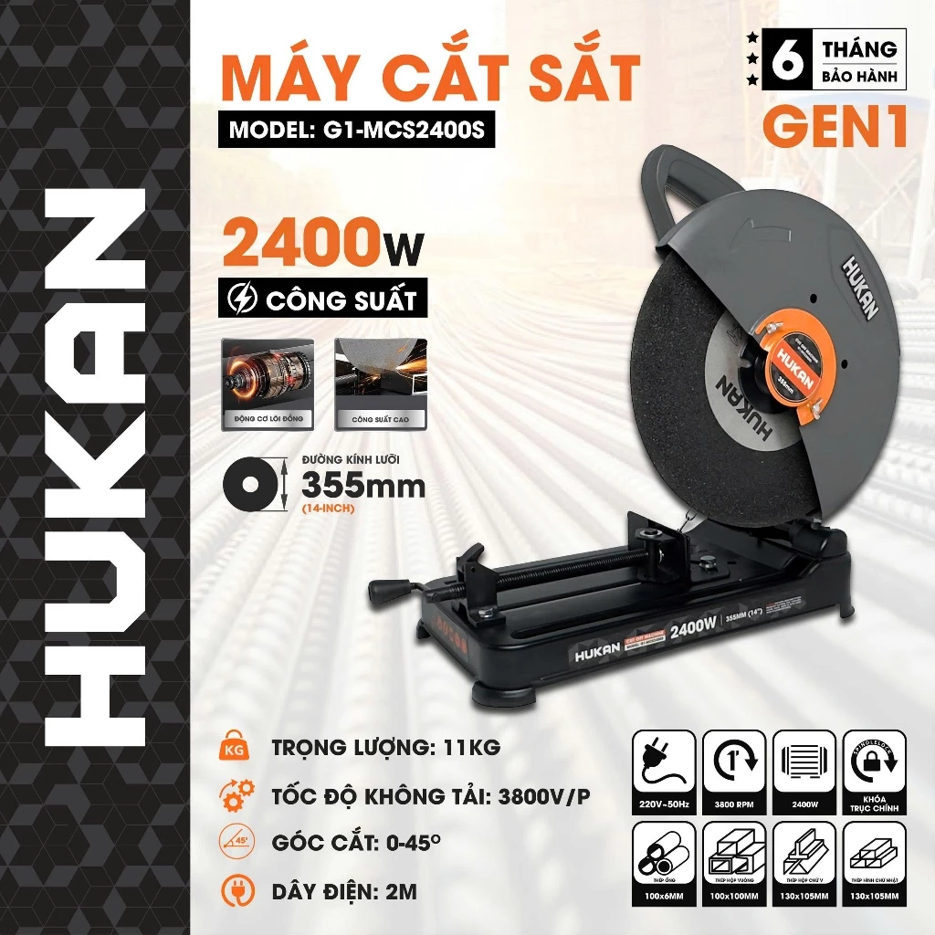 Máy cắt sắt bàn HUKAN G1-MCS2400S, Công suất 2400w, Góc cắt 0-45 độ - Đĩa 355mm - Kèm 1 đĩa cắt