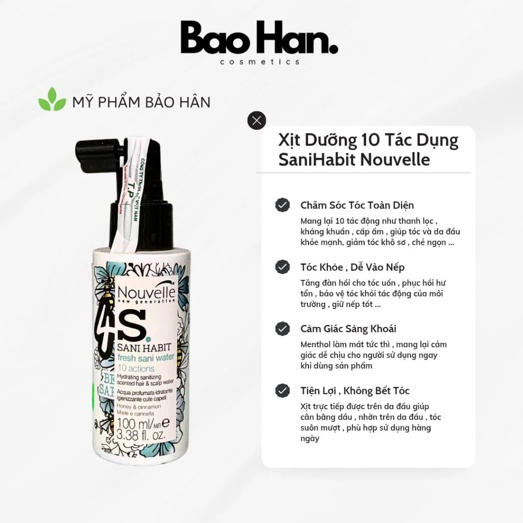 XỊT DƯỠNG TÓC ĐA NĂNG NOUVELLE SANI HABIT 4S 100ML - TINH CHẤT MẬT ONG QUẾ KHỬ MÙI, CẤP ẨM, BẢO VỆ NHIỆT TÓC