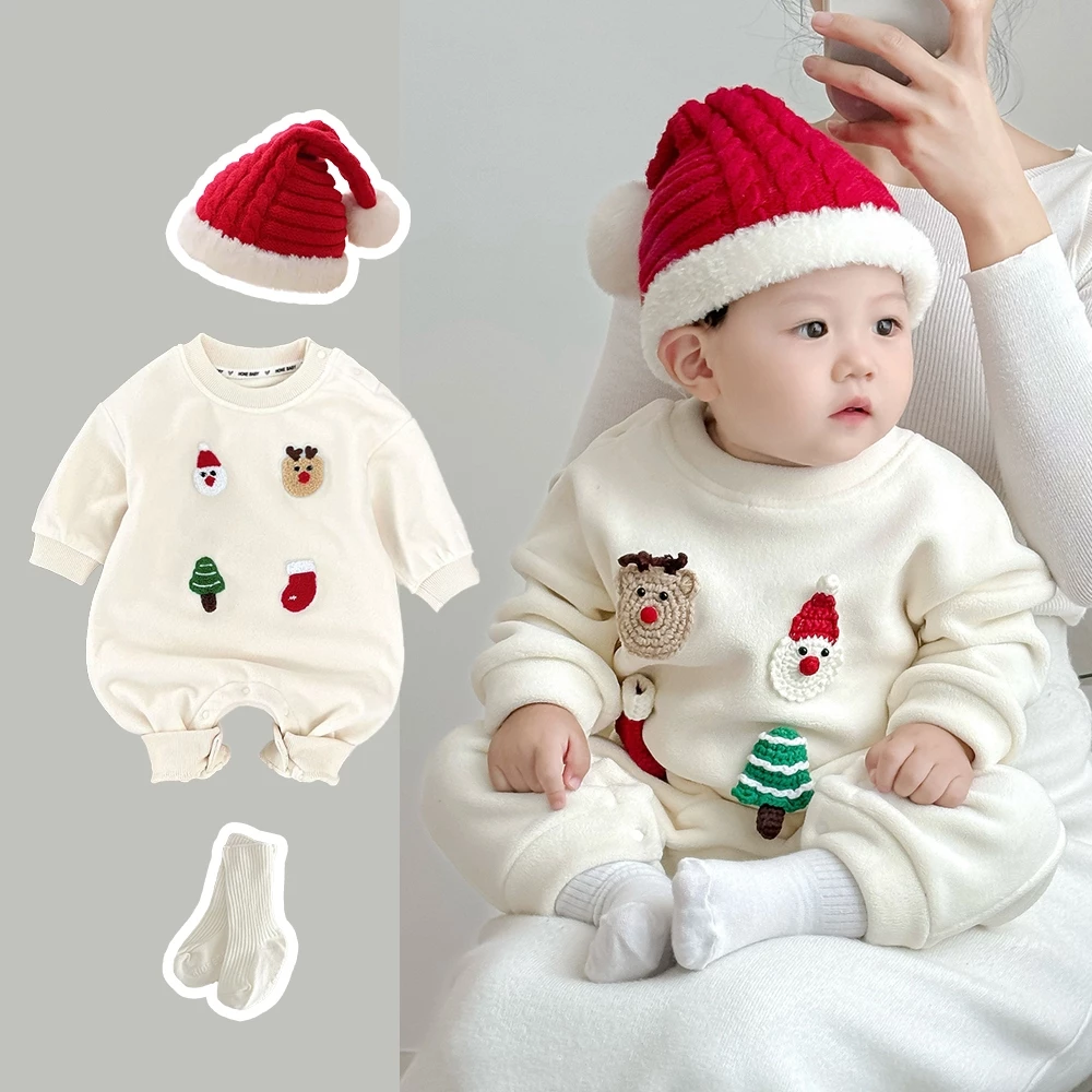 Bộ body cho bé sơ sinh, set body nỉ thêu đắp hình Noel kèm mũ cho bé trai và bé gái từ 7-15kg