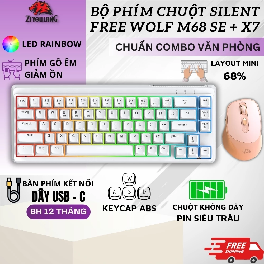 Combo Silent Bàn Phím Free Wolf M68SE Layout 68% + Chuột X7 Wireless – LED Rainbow, Gõ Êm Giảm Ồn