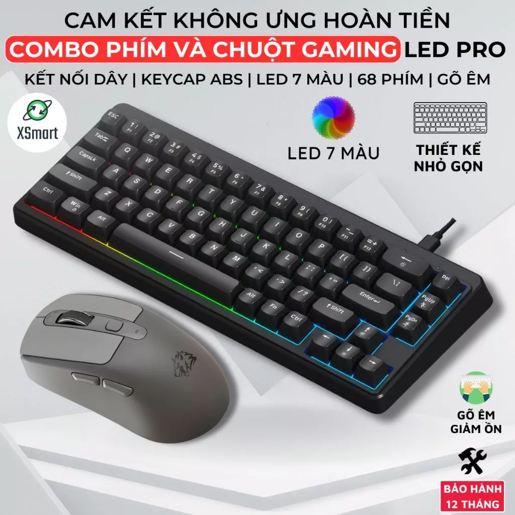 Combo Bộ Phím Và Chuột Silent FreeWolf M68SE Led 7 Màu Gõ Êm Giảm Ồn Keycap ABS Tương Thích Pc Lap