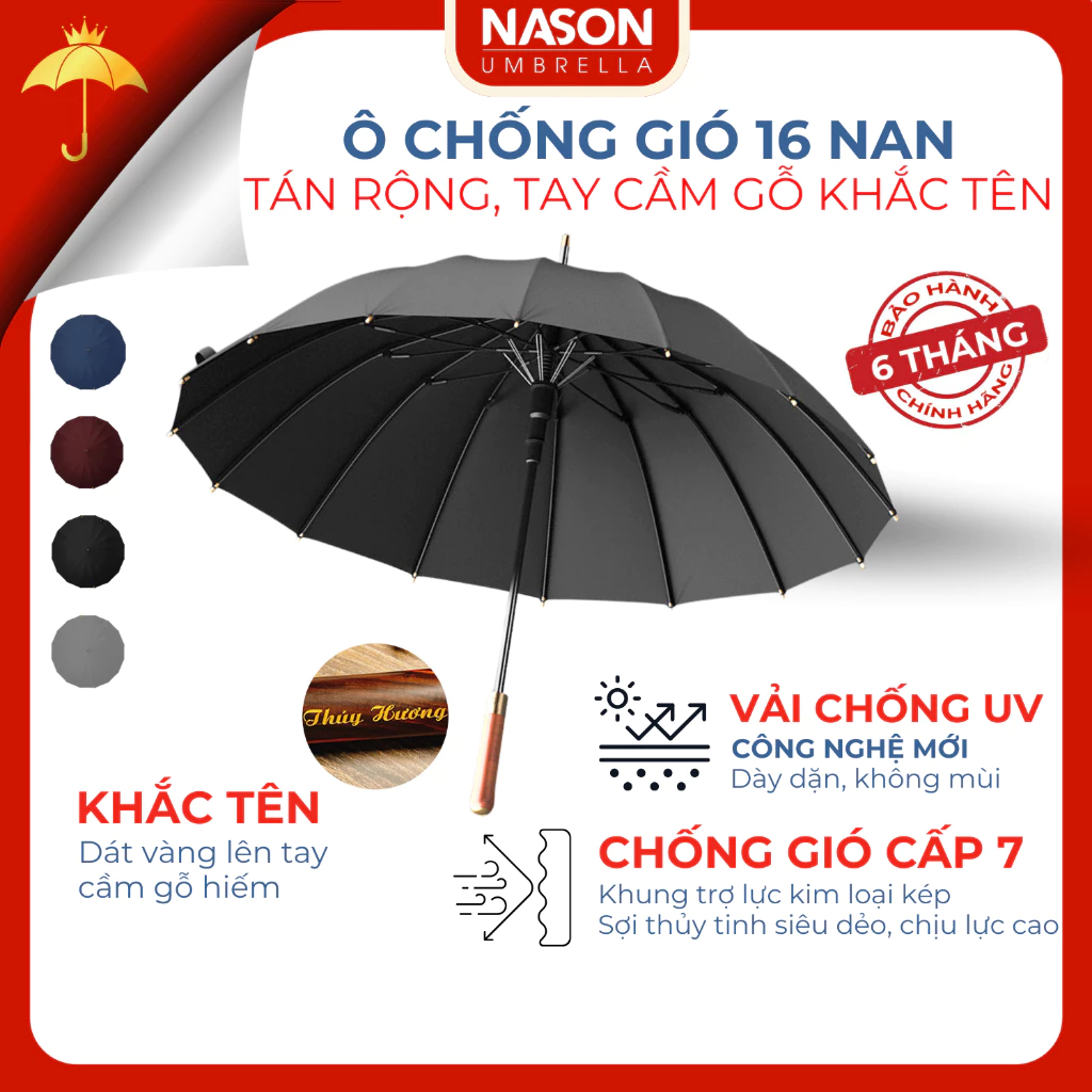 Ô dù tán rộng che nắng che mưa H27 NASON 16 nan, khắc tên lên tay cầm gỗ, chống lật trong gió to cấp 7, chống UV
