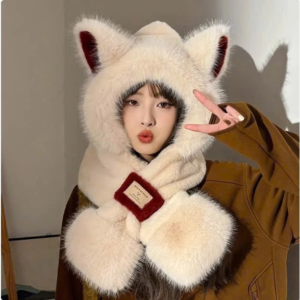 【Hwang】Mũ Len Nữ Lông Cừu Tai Cáo Siêu Đáng Yêu Ấm Áp, Mũ Len Lông Cừu Cực Mềm Mịn Thời Trang 2025
