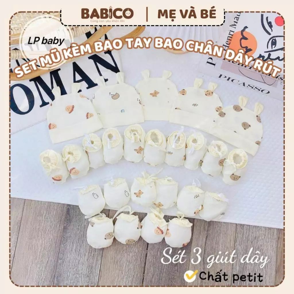 Set Mũ Kèm Bao Tay, Bao Chân Vải Petit Thun Lạnh Mềm Mại, Có Dây Rút Chống Tuột, Họa Tiết Đáng Yêu Cho Bé Sơ Sinh