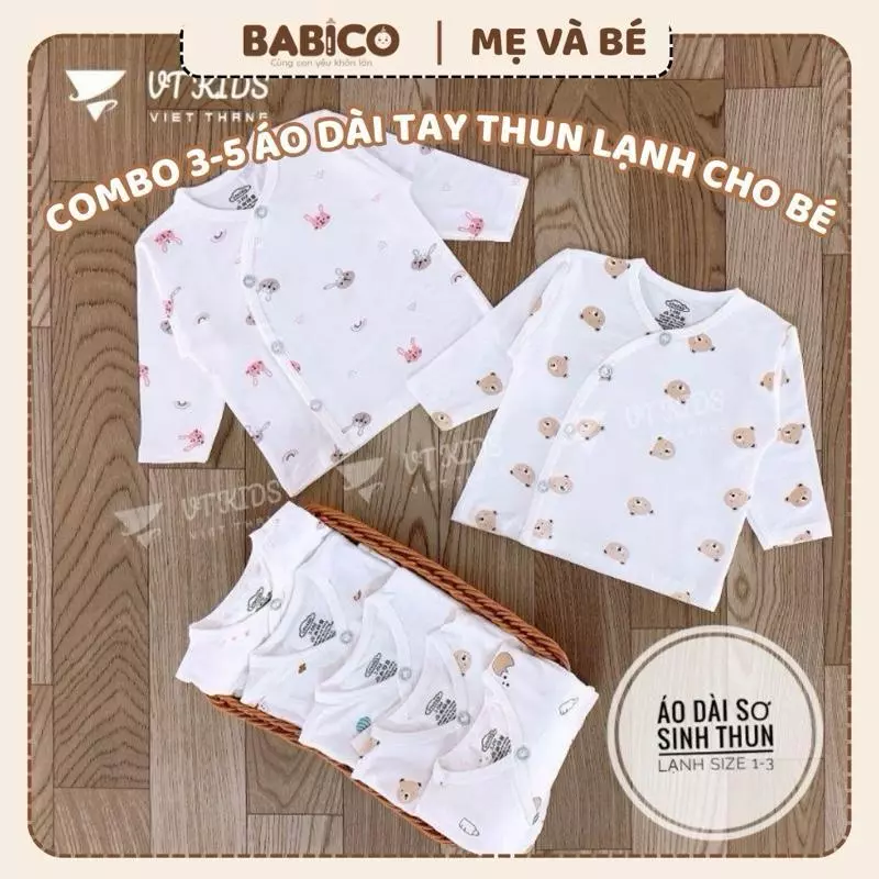 Áo sơ sinh dài tay nền trắng thun lạnh size 3-9kg cho bé yêu