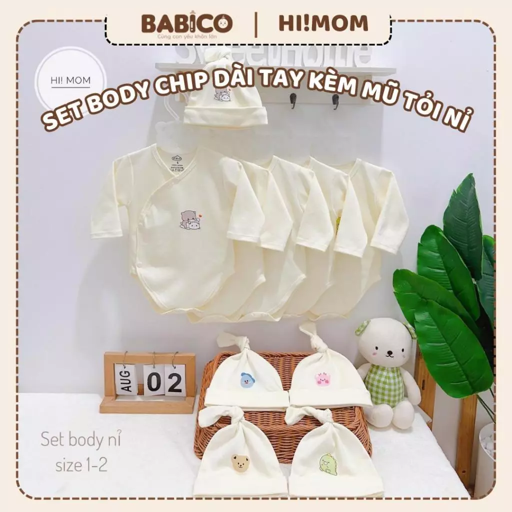 Sét Body Chip Nỉ Xuất Hàn Dài Tay Tặng Kèm Mũ Hàng Chính Hãng HiMom Mặc Thu Đông Mẫu Trơn Họa Tiết Nhỏ Cho Bé 3-8Kg