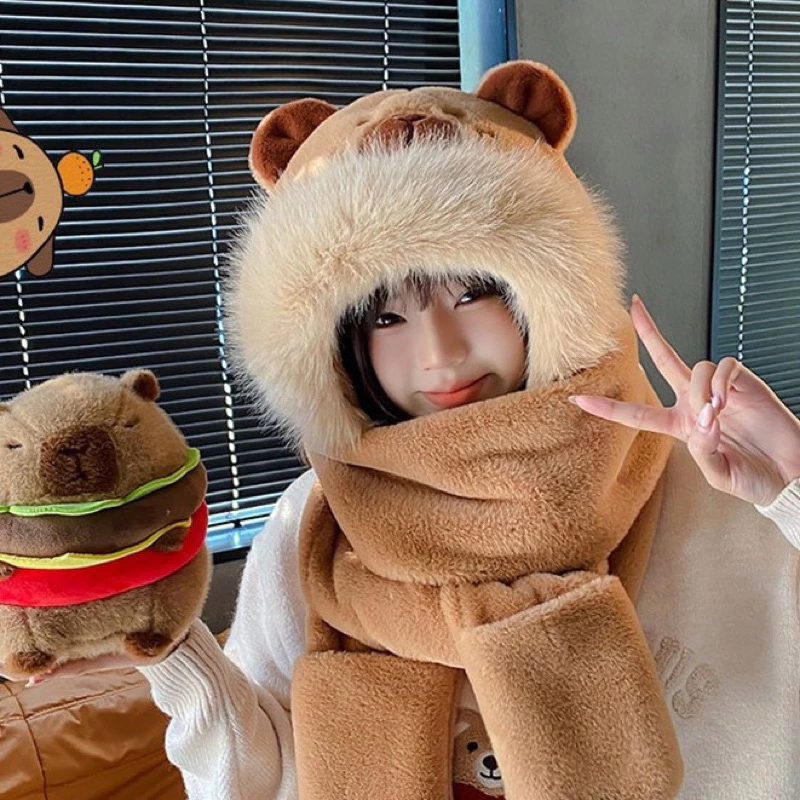 【Hwang】Mũ lông Capybara kèm khăn và găng tay chất lông mềm mịn ấm áp cho nam và nữ hình ngộ nghĩnh đáng yêu của người lớ