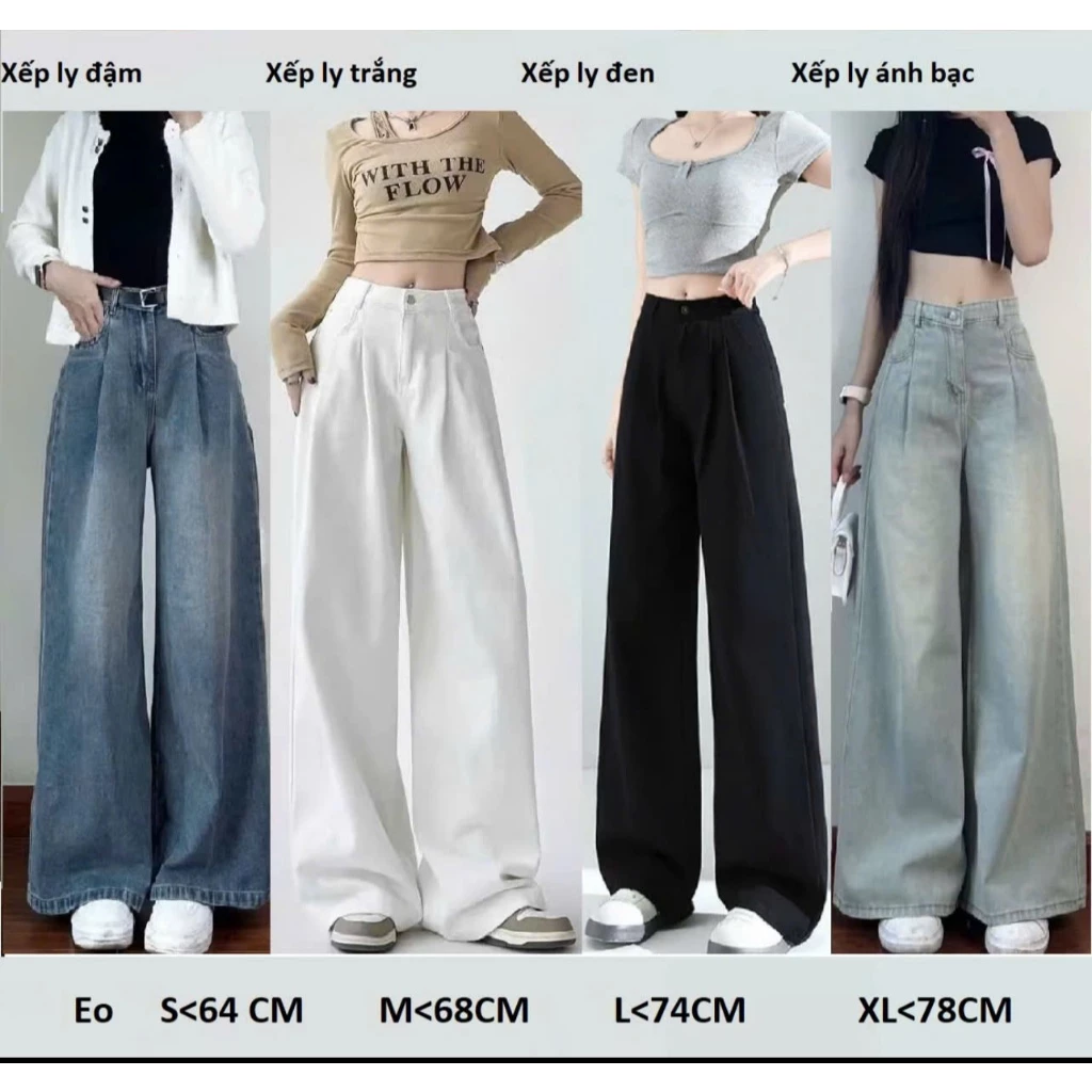 Quần jean bò xuông ly trước ống rộng suông xuông nữ jeans cạp cao phong cách style