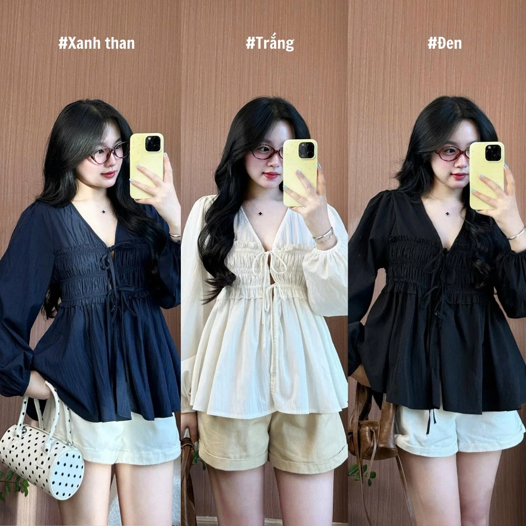 Áo Babydoll Nữ Cổ V Tay Bồng Bo Chun  Eo Nhún Điệu Đà 247store Áo Đi Làm Back To School Aobabydoll02