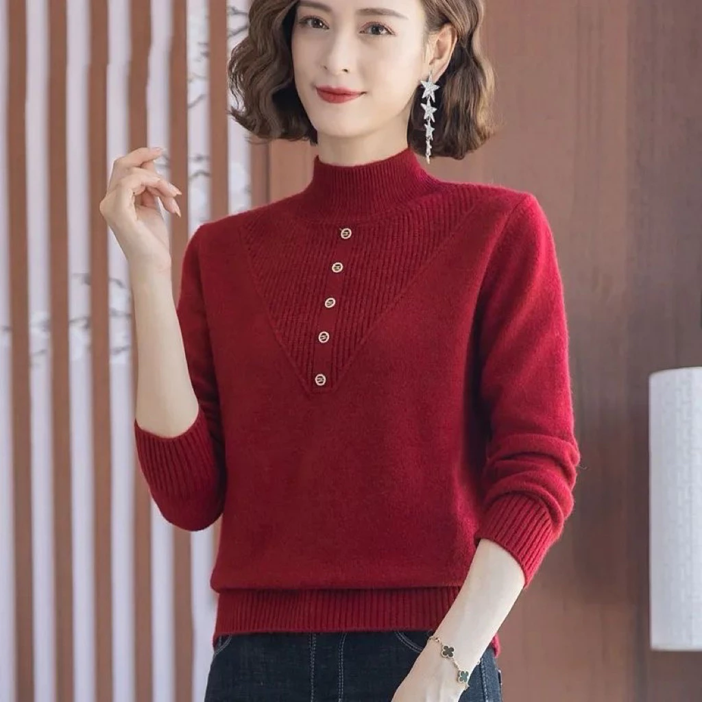 (sẵn) Áo len nữ cổ cao dài tay phối nút thời trang Hàn Quốc, chất len dệt kim giữ ấm mùa đông