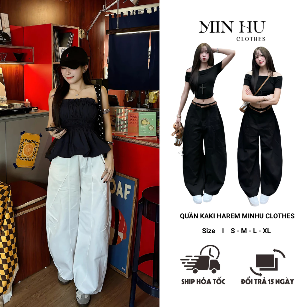 Quần Kaki Harem Unisex MINHU CLOTHES, Quần Kaki Dáng Rộng Lưng Thun Co Giãn, Phong Cách Hàn Quốc, Hot Trend