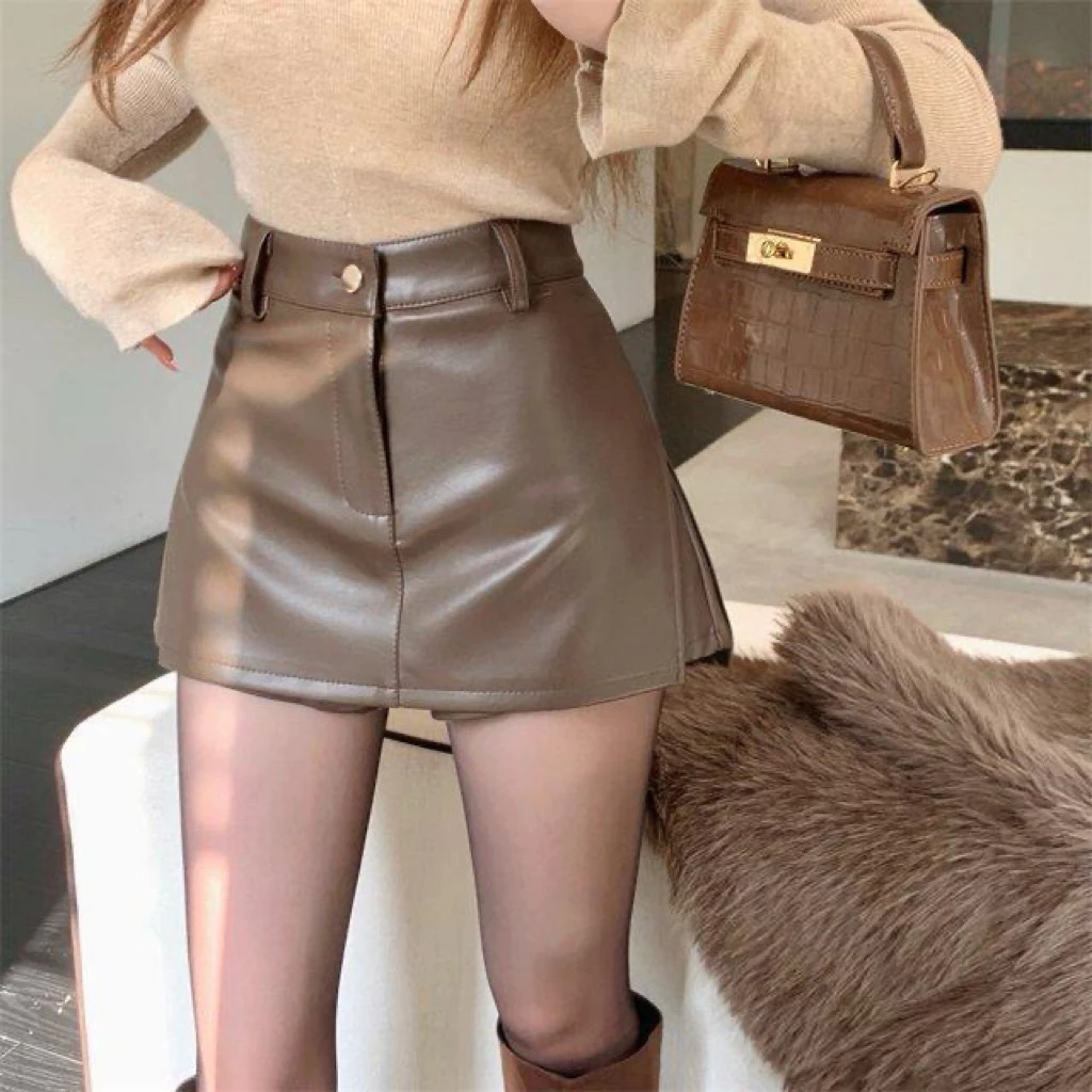 Chân váy da ngắn nữ dáng ôm xẻ tà cao cấp phong cách Hàn Quốc