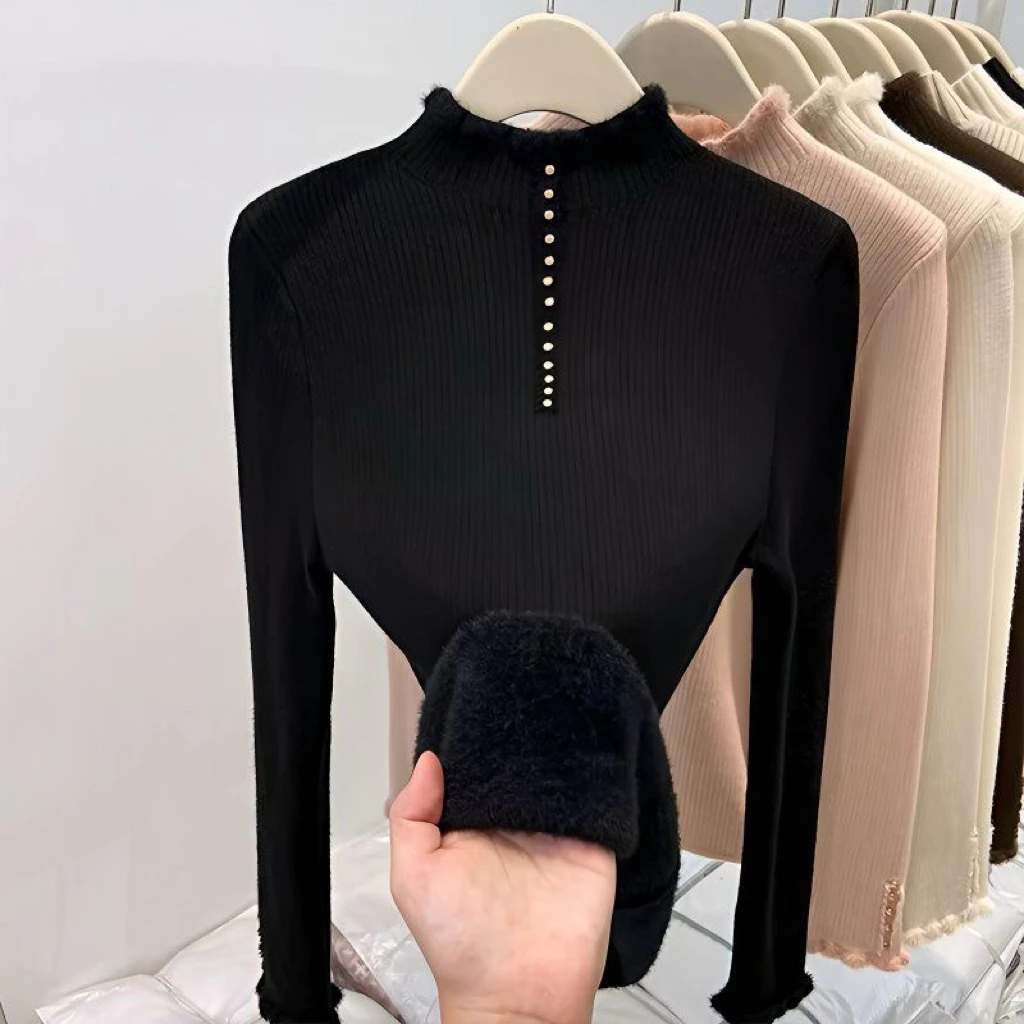 Áo len giữ nhiệt nữ cổ cao đính nút dáng ôm co giãn dày dặn mặc mùa đông