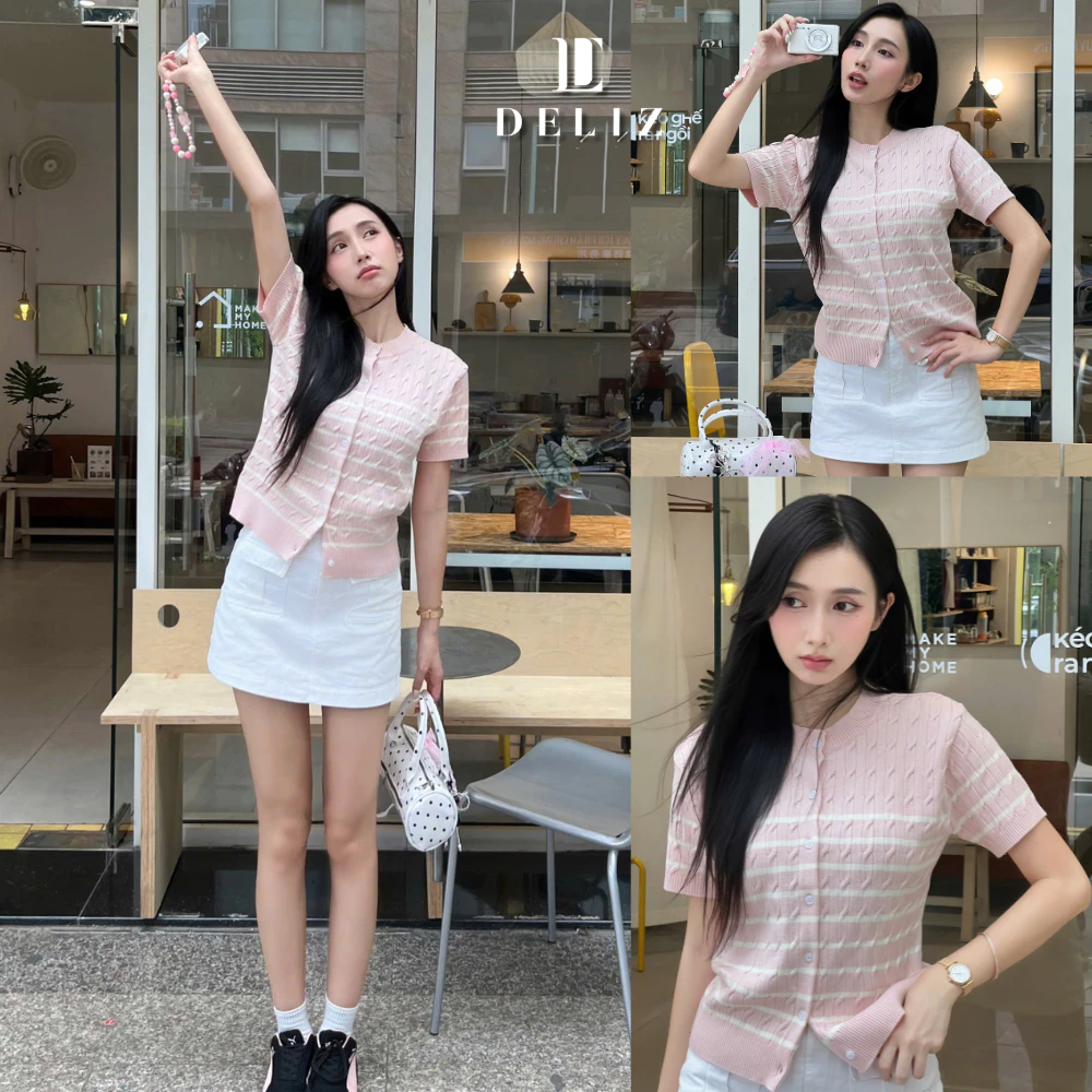 DELIZ - Áo len ngắn tay vặn thừng len lông thỏ cao cấp cho nữ kẻ sọc nhiều màu basic PL46 300G