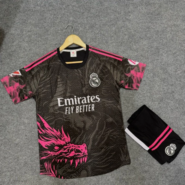 Bộ Quần Áo Đá Banh Real rồng đỏ 2025 (Nhận In Tên Số) Thun Mè Cao Cấp Logo Thêu Nam Nữ Top Sport