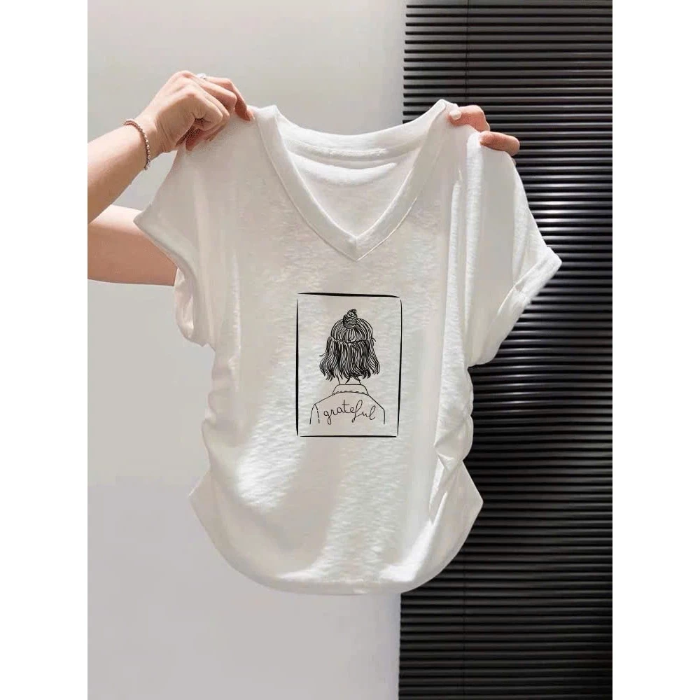 Áo thun nữ Cổ tim rút eo nhẹ 2 bên thun giấy in hình Menina_Studio, áo thun cổ tim rút eo xược giấy tôn dáng