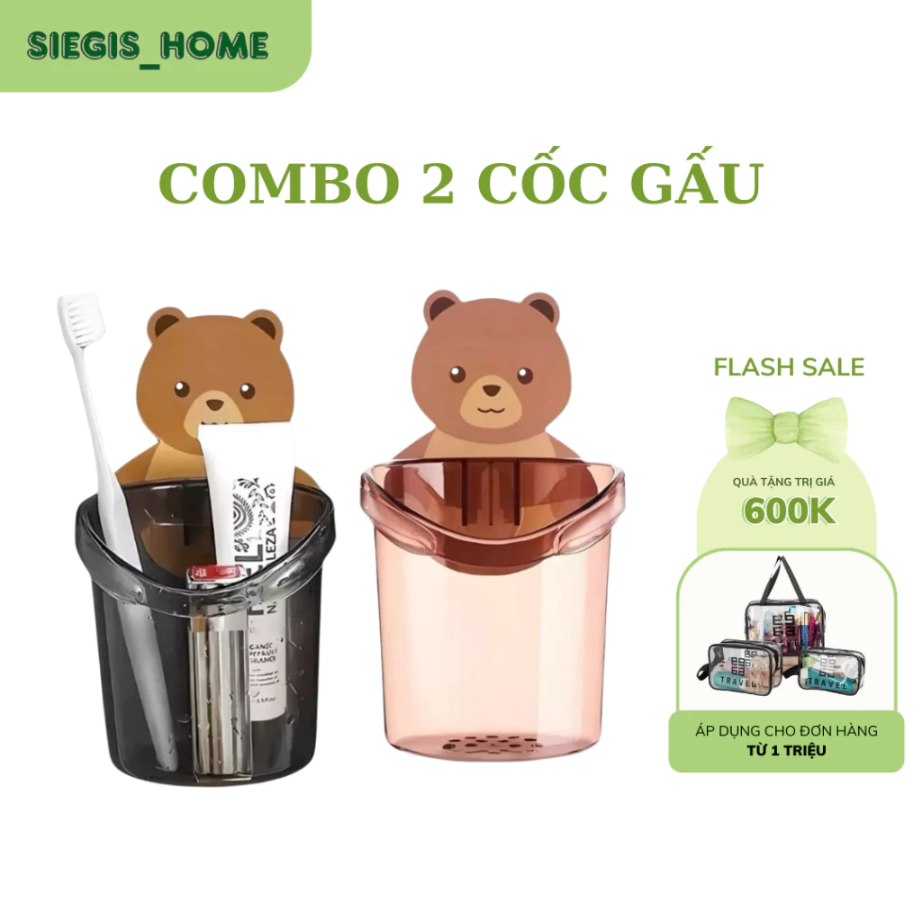 ( Combo 2 ) Cốc Đựng Bàn Chải Đánh Răng Hình Gấu Có Lỗ Thoát Nước Dán Tường Tiện Lợi