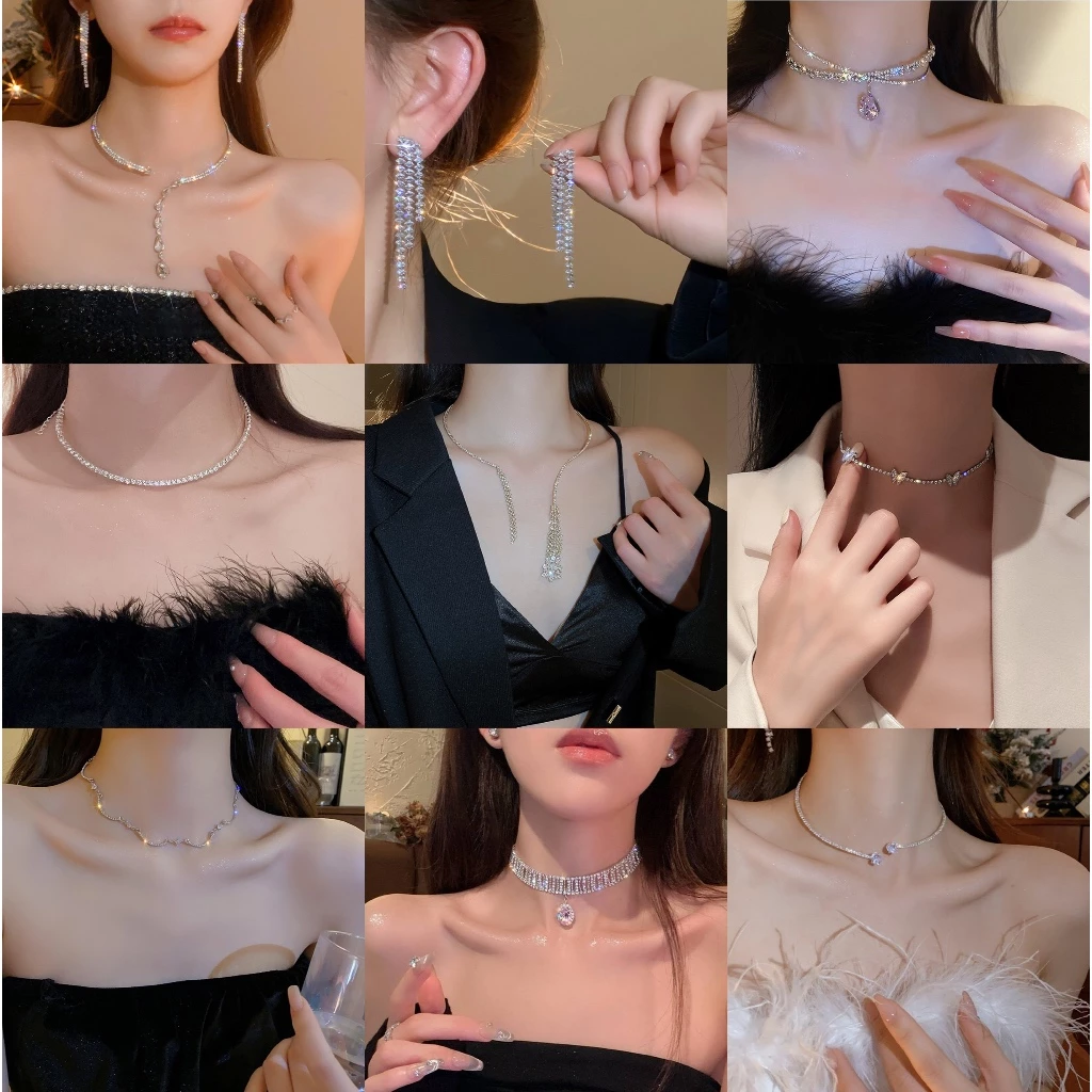 Dây chuyền, bông tai nữ cao cấp, vòng cổ choker đính đá pha lê sang trọng, phụ kiện dự tiệc