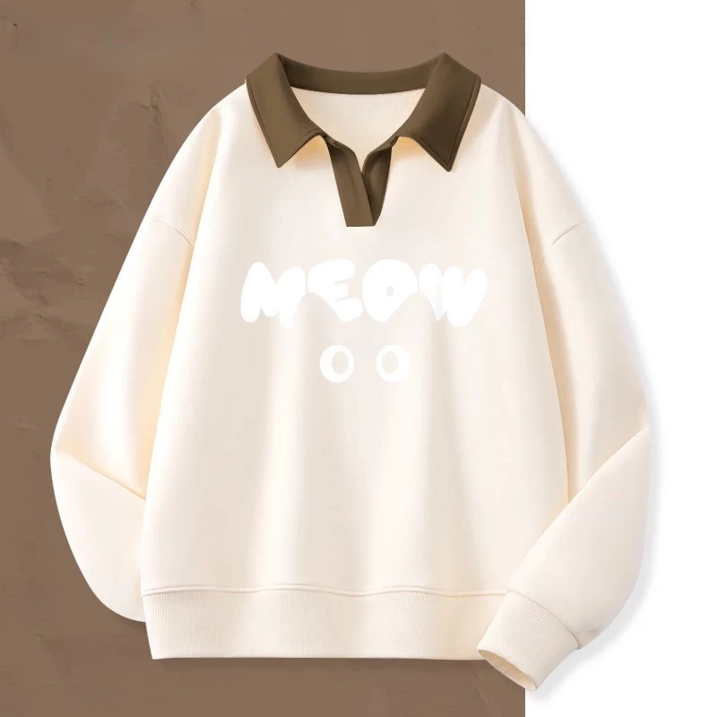 Áo Polo Sweater Unisex Phối Chữ MEOW Form Rộng Áo Dài Tay Nỉ 2da Có Cổ Ulzzang Hàn Quốc Thời Trang Đi Học Đi Chơi