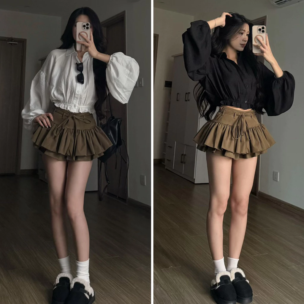 [HÀNG LOẠI 1] Chân váy kaki form xoè cạp trễ Y2K hack dáng mix áo đũi croptop chun eo