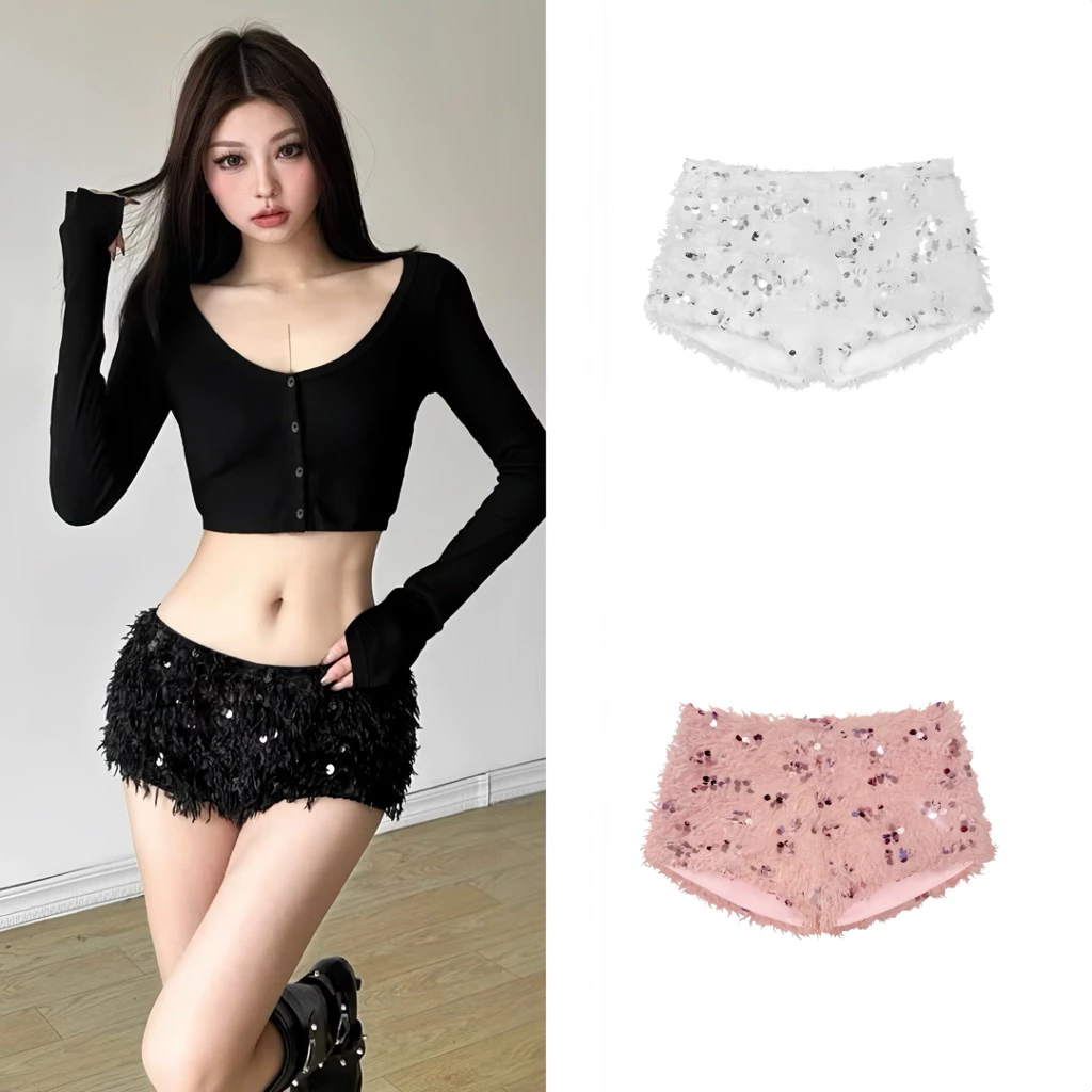 Quần Short Ngắn Lấp Lánh Kim Sa, Quần Kim Sa Lông Nổi Bật Mặc Đi Chơi, Đi Tiệc Sang chảnh, Nữ Tính