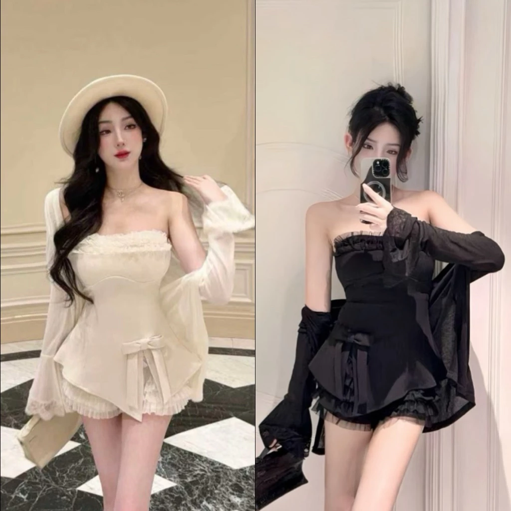 Sét Đồ Nữ Đi Tiệc, Áo Cúp Ngực Phối Quần Đùi Tầng Kèm Áo Khoác Cadigan Hai Màu Đen Trắng Basic Dễ Mặc