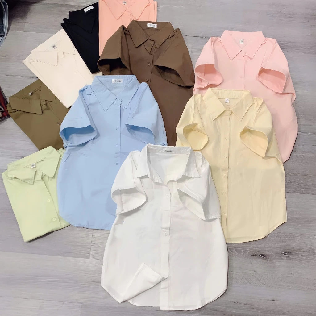 Áo Sơ Mi Nữ Tay Ngắn  706 Chất Vải Kaki Cotton Mềm Màu Pastel Có Thêu Ngựa Xinh Dễ Phối Kiểu