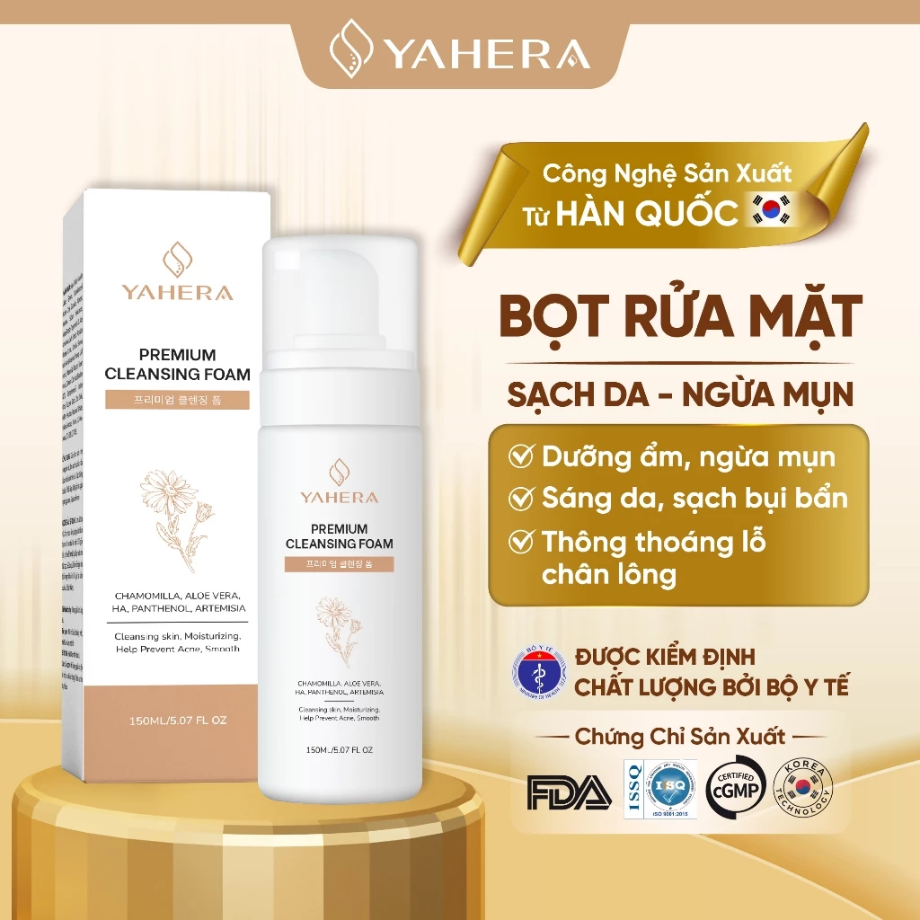Sữa rửa mặt dạng bọt YAHERA Premium Cleansing Foam làm sạch bụi bẩn,dầu thừa và bã nhờn giúp sáng da ngăn ngừa mụn 150ml
