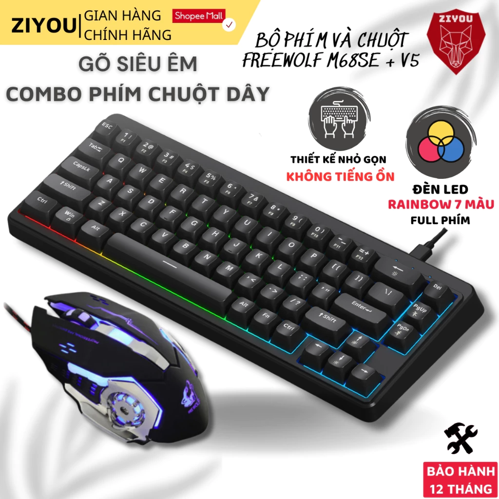 Combo Bàn Phím Chuột Có Dây Gaming Ziyou FreeWolf M68SE + V5 LED Rainbow 7 Màu, Layout 68% Gọn Nhẹ