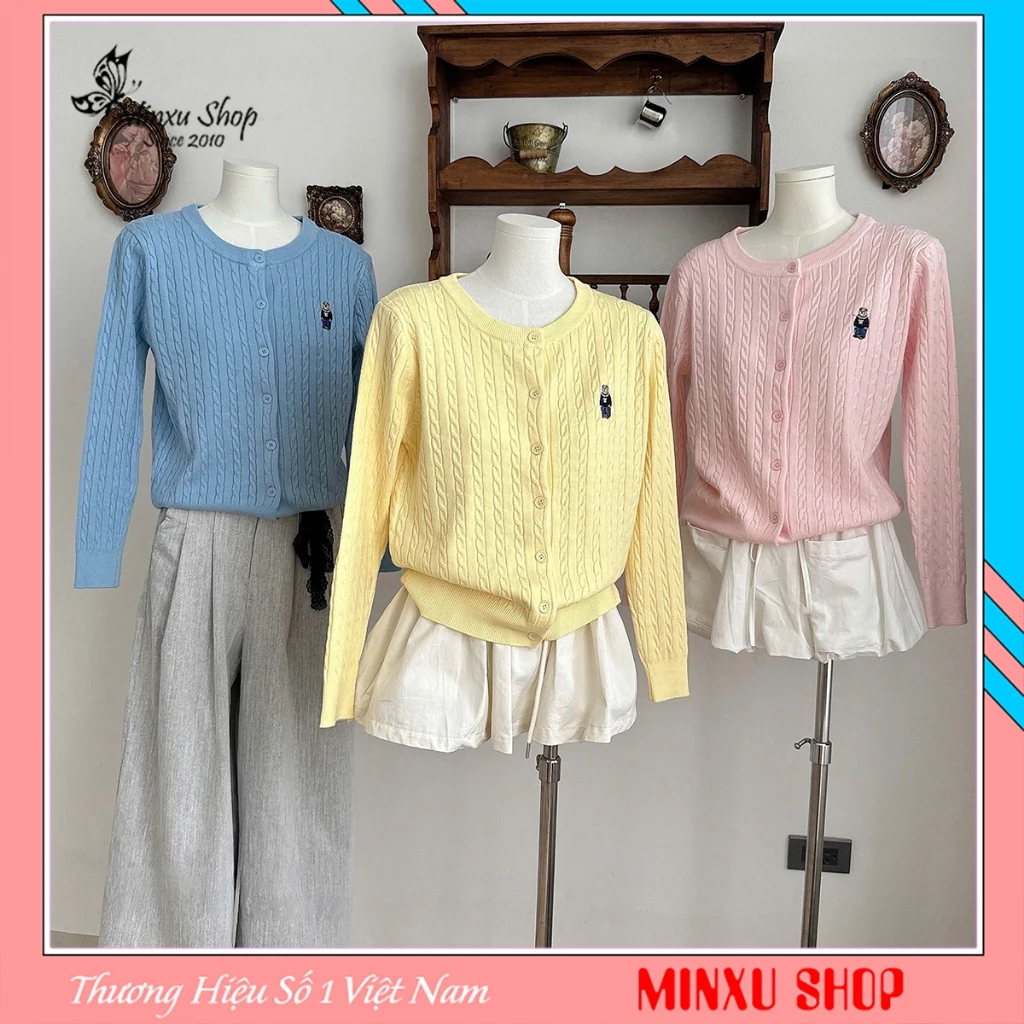 Áo Len cardigan Dài Tay Vặn Thừng Thêu Gấu W Hàng QC Minxu Shop TA63