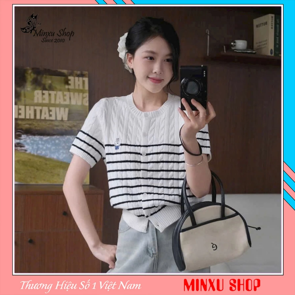 Áo Len Cardigan Nữ Ngắn Tay Thêu Gấu W Hàng QC Minxu Shop TA70