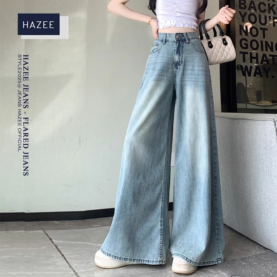 HAZEE Quần Jean Nữ Ống Loe Siêu Rộng Cạp Cao Wash Xanh Tôn Dáng Chất Denim Cao Cấp STYLE Hàn Quốc
