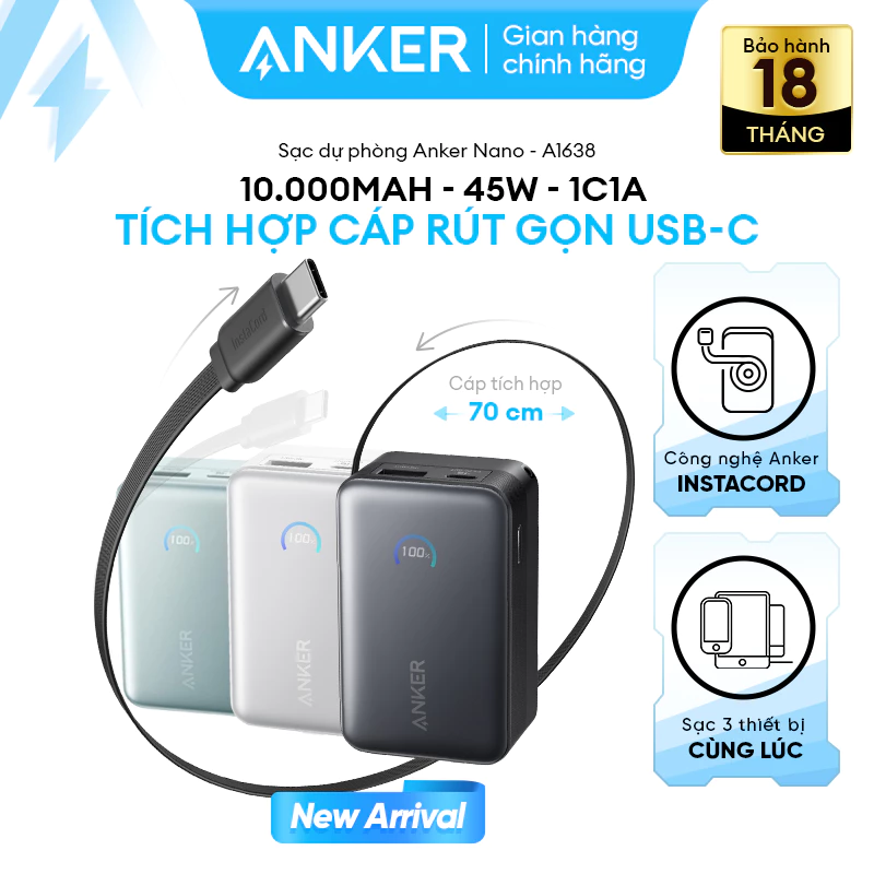 [LIVE] Sạc dự phòng Anker Nano 10.000mAh | Sạc nhanh 45W | 2 cổng 1C1A | Tích hợp cáp USB-C rút gọn- A1638