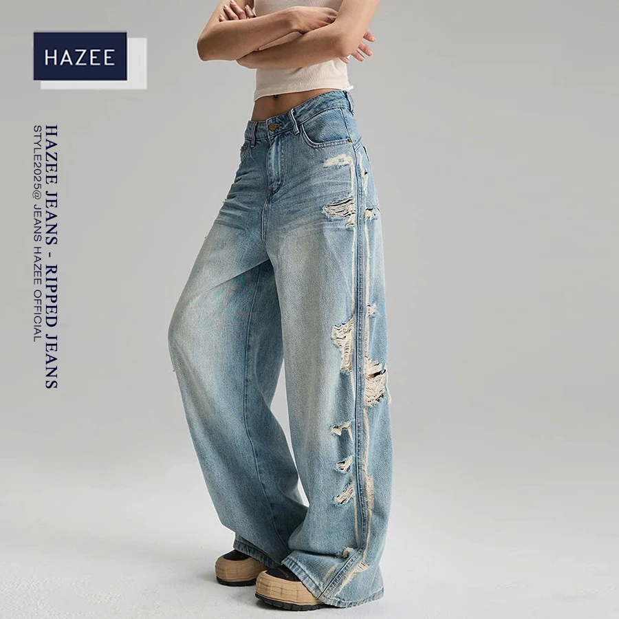 Quần Jeans Nữ Ống Rộng Ripped Rách HAZEE – Quần Bò Nữ Cạp Cao Dáng Suông Streetwear Cá Tính