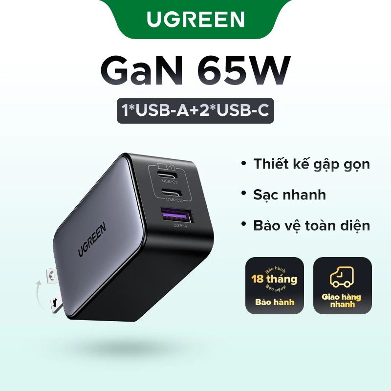 Củ sạc USB C UGREEN 65W, Khối sạc nhanh Nexode 3 cổng GaN, Củ  sạc gấp gọn nhỏ gọn cho MacBook Pro/Air,, iPhone 17/16/15