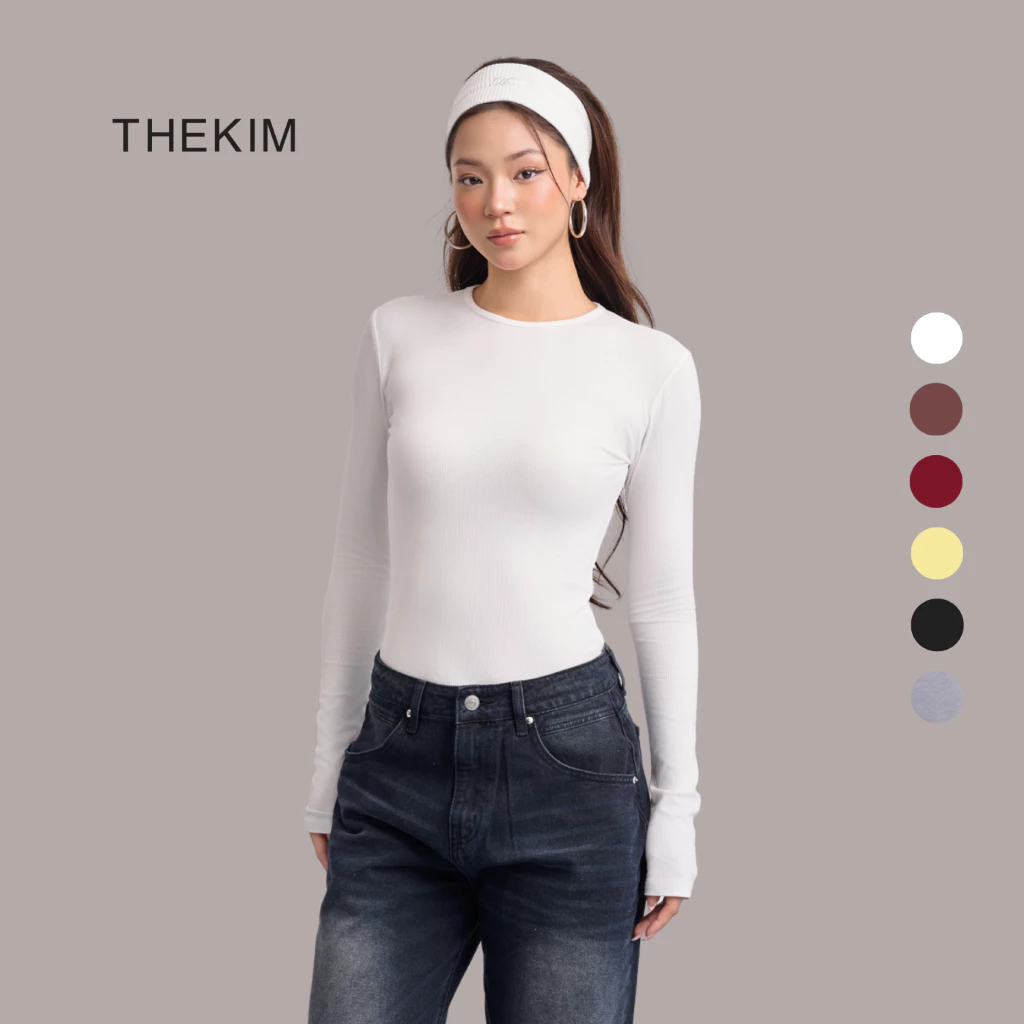 THEKIM Áo thun tăm cotton dài tay cổ tròn nhiều màu , áo giữ nhiệt dài tay trơn basic cho nữ đen trắng AD119 dáng thường