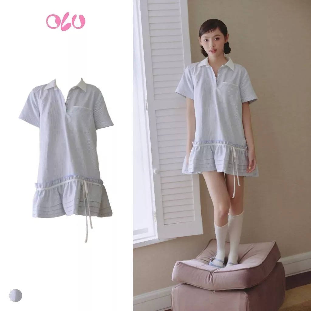 Đầm OLV suông rộng sơ mi trẻ trung Light Blue Striped Linen Polo Babydoll phù hợp đi chơi đi làm