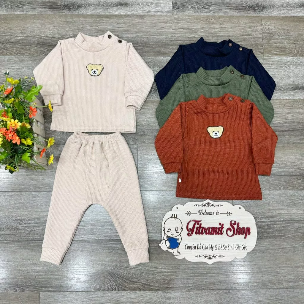 Bộ dài nỉ tăm sóng CÀI VAI CỔ 3 PHÂN mềm mại dày dặn cho bé mặc thu đông
