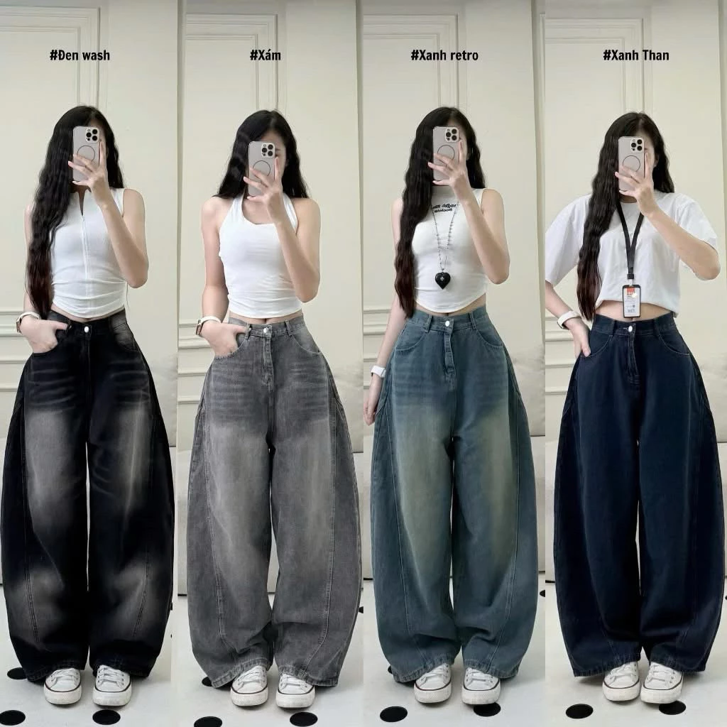 Quần Bò Jeans Nữ Ống Rộng, Quần Bò Denim Suông Ống Bí Cong Rộng Trơn 4 Màu Bản Cạp Cao Siêu Hách Dáng Cực Đỉnh Retro