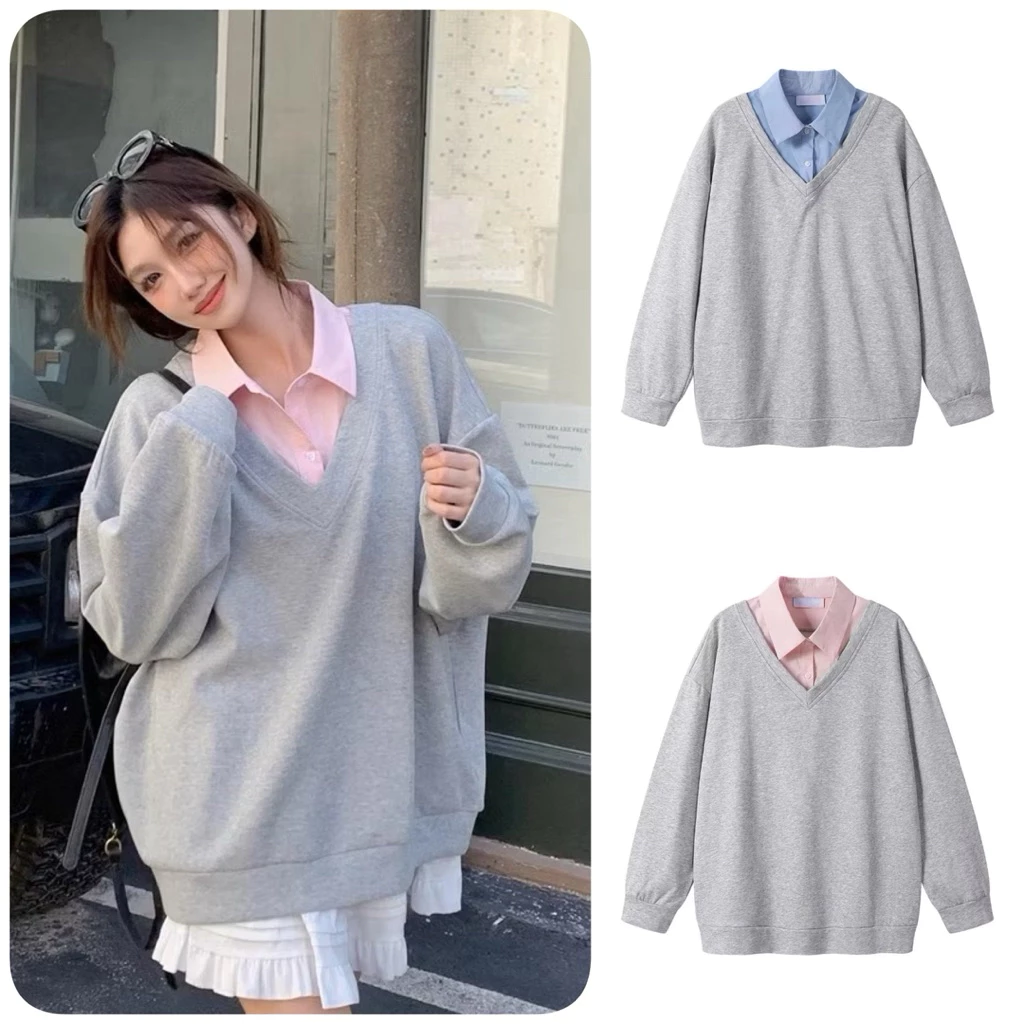 Áo Sweater Nỉ Cổ Sơ Mi Nữ  . Áo Nỉ From Rộng  Phong Cách Hàn Quốc Mùa Thu Đông Mới