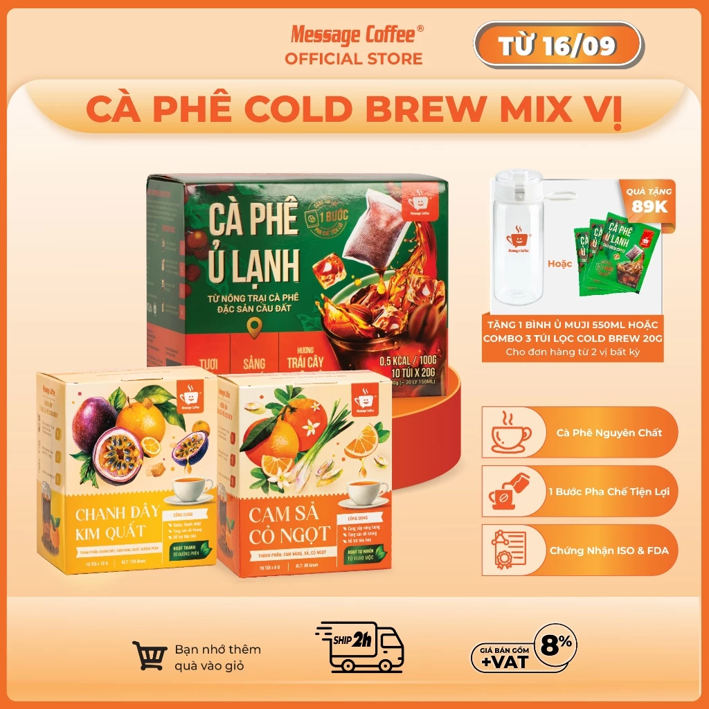 Cà phê Ủ Lạnh Cold Brew túi lọc Arabica Cầu Đất mix vị, cafe tiện lợi một bước pha chế từ Message Coffee