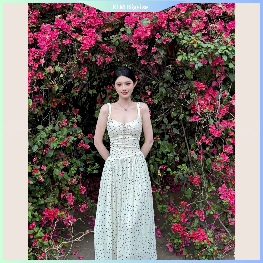 Váy maxi hoạ tiết chấm bi dáng dài lệch eo hack dáng(50-85kg)[KIMBIGSIZE]